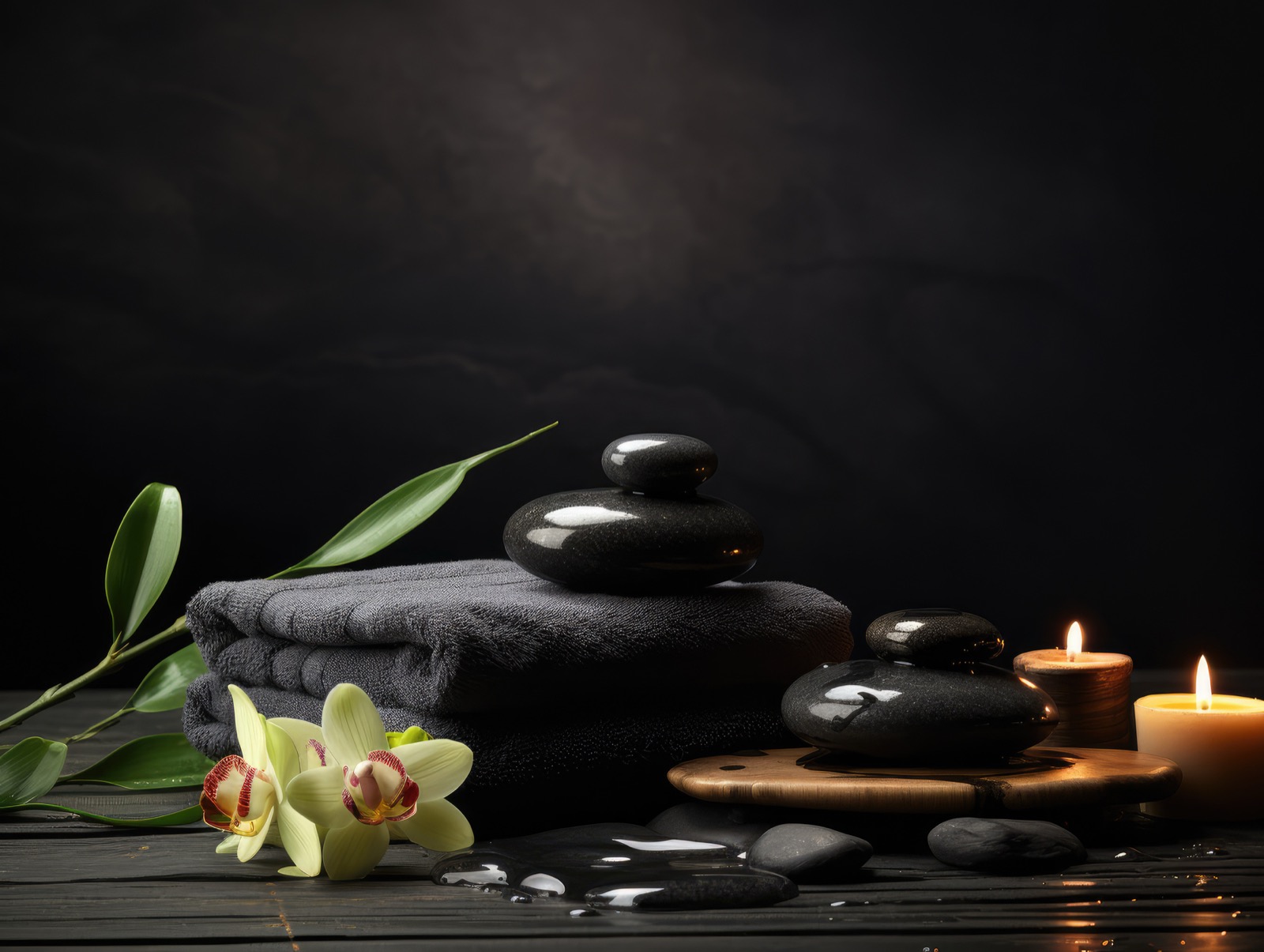 Ambiente de spa com pedras, velas e flores